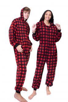 Red & Black Buffalo Plaid Onesie Pajamas With Hood, Footless